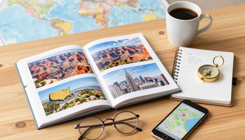 A beautifully arranged flat lay of travel planning materials on a wooden table, showcasing an open travel guide with colorful images of popular U.S. destinations like the Grand Canyon and New York City. Next to the guide, a stylish notebook with handwritten notes and a vintage compass. In the foreground, a pair of round glasses and a smartphone displaying a map app. In the background, a soft-focus view of a world map and a travel mug filled with coffee, creating a warm, inviting atmosphere. The lighting is bright and natural, reminiscent of a sun-drenched morning, evoking excitement and anticipation for adventure. Capture this scene from a slight overhead angle, emphasizing organization and inspiration in travel planning.