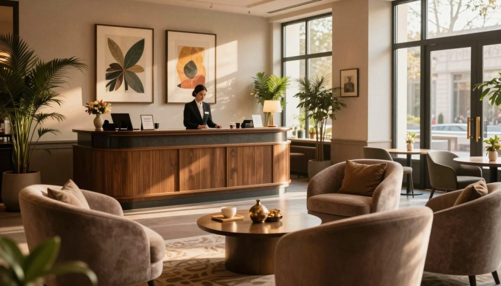 A chic boutique hotel lobby featuring elegant furnishings and artistic decor. In the foreground, a cozy seating area with plush armchairs, a decorative coffee table, and a stylish rug. The middle ground showcases a check-in desk with an inviting receptionist in professional attire, surrounded by unique artworks and plants that add warmth. In the background, large windows let in soft, golden afternoon light, casting gentle shadows. The atmosphere is serene and welcoming, with a hint of sophistication. Capture the essence of refined relaxation and the allure of personalized service, using a warm color palette and a slight depth of field effect to create a dreamy, inviting vibe.