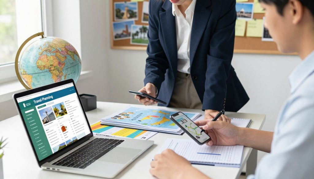A dynamic office workspace for "Travel Planning" featuring a well-organized desk. In the foreground, a laptop displays a vibrant travel itinerary alongside colorful brochures and a world map. A stylish globe sits nearby. In the middle, a professional in smart casual attire engages with a smartphone, analyzing travel routes and notes. The atmosphere is bright and inspiring, with soft, natural lighting filtering in through a window, enhancing the inviting ambiance. The background shows a bulletin board filled with pinned photos of destinations and reminders. The angle is slightly overhead, capturing the essence of brainstorming and preparation. The overall mood is focused, energetic, and collaborative, embodying the essential steps for effective travel planning.