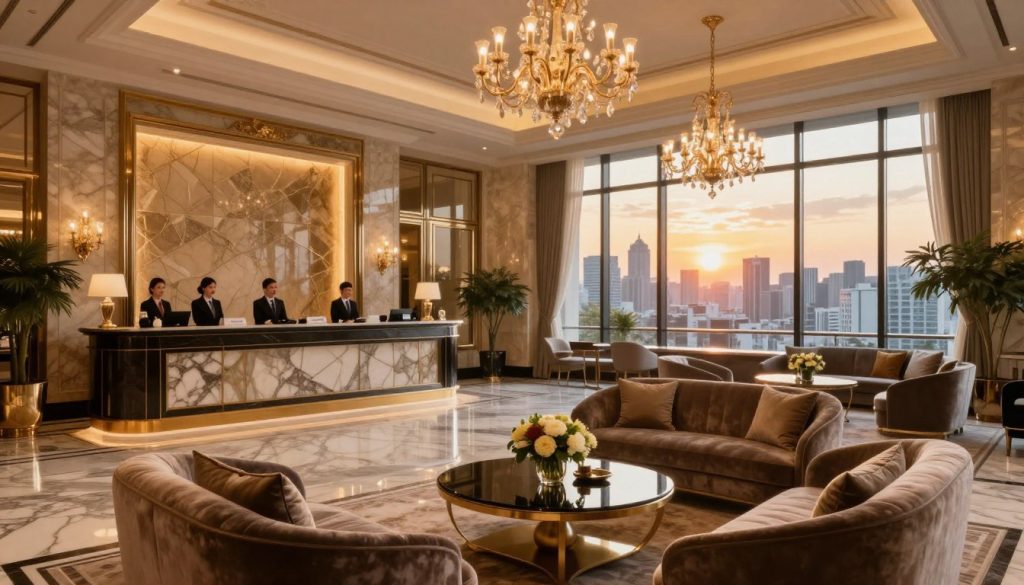 A luxurious hotel lobby featuring elegant marble flooring and opulent chandeliers hanging from a high ceiling, creating a warm and inviting atmosphere. In the foreground, plush velvet seating arranged around a decorative coffee table, adorned with fresh flowers and a welcoming ambiance. The middle ground showcases a grand reception desk, staffed by professionals in business attire, ready to assist guests. In the background, large windows reveal breathtaking views of a vibrant city skyline at sunset, with golden light streaming in, enhancing the lavish decor. The image is captured in soft focus, emphasizing a sense of richness and tranquility, evoking a feeling of indulgence and comfort in a top-tier destination for an opulent stay. A luxurious hotel lobby featuring elegant marble flooring and opulent chandeliers hanging from a high ceiling, creating a warm and inviting atmosphere. In the foreground, plush velvet seating arranged around a decorative coffee table, adorned with fresh flowers and a welcoming ambiance. The middle ground showcases a grand reception desk, staffed by professionals in business attire, ready to assist guests. In the background, large windows reveal breathtaking views of a vibrant city skyline at sunset, with golden light streaming in, enhancing the lavish decor. The image is captured in soft focus, emphasizing a sense of richness and tranquility, evoking a feeling of indulgence and comfort in a top-tier destination for an opulent stay.