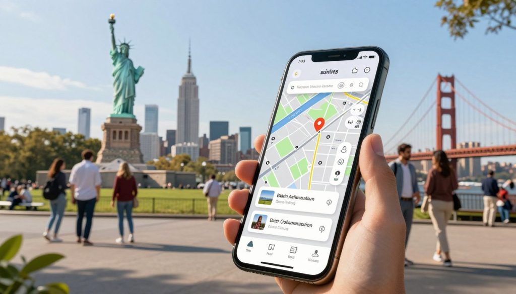 A modern city guide app interface displayed on a sleek smartphone, set against a vibrant backdrop of iconic US landmarks like the Statue of Liberty, Golden Gate Bridge, and the Empire State Building. In the foreground, the smartphone features an intuitive map with highlighted attractions and user-friendly icons. The middle ground showcases a lively park with people enjoying their day, dressed in casual but tidy clothing, engaging with the app's features. The background captures a clear blue sky with a warm, inviting sunlight casting soft shadows, creating an atmosphere of exploration and excitement. The composition should have a slight tilt to emphasize depth, with a focus on the device while the landmarks remain prominent yet harmoniously integrated.