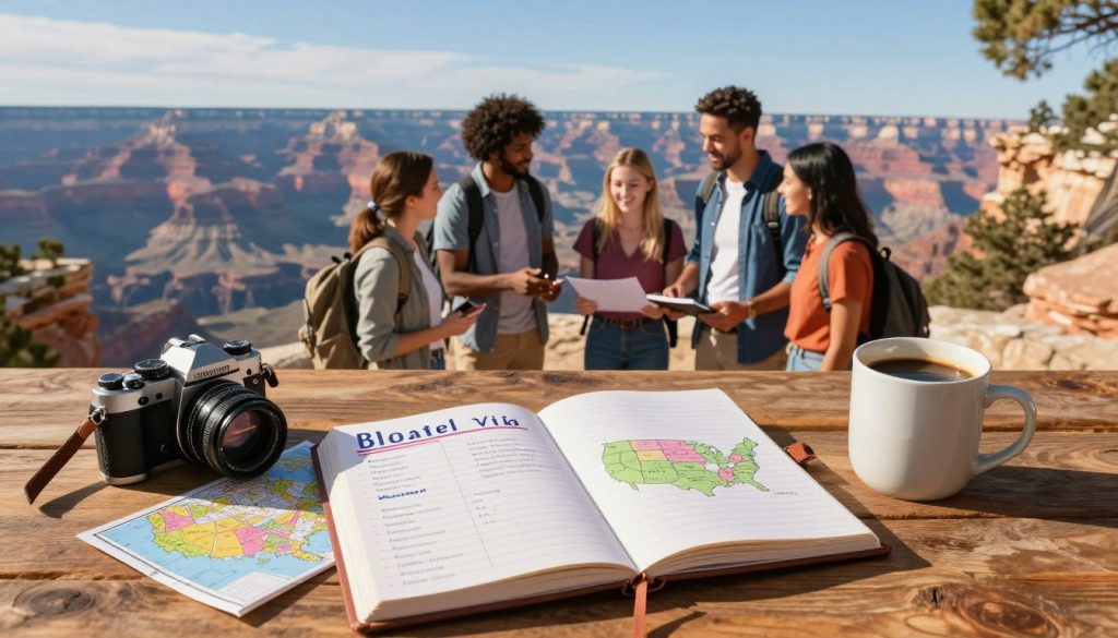 A picturesque travel scene showcasing essential tips for an American adventure. In the foreground, a well-organized travel planner open on a rustic wooden table, surrounded by a camera, a map of the United States, and a travel mug filled with coffee. In the middle, a diverse group of travelers dressed in smart casual clothing, discussing their itinerary, with smiles on their faces, capturing a sense of excitement and camaraderie. The background features iconic American landmarks like the Grand Canyon and a vibrant city skyline under a bright blue sky. The lighting is warm and inviting, resembling a golden hour, casting soft shadows and creating a welcoming atmosphere. The angle is slightly elevated, giving a panoramic view of the travelers engaged in planning their journey.
