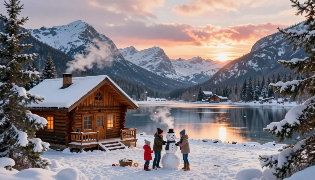 A picturesque winter vacation scene in a charming mountain town, capturing both holiday spirit and serene beauty. In the foreground, a cozy wooden cabin with smoke gently rising from the chimney, surrounded by snow-covered evergreens. A family in modest winter clothing builds a snowman, their breath visible in the chilly air, showcasing joy and togetherness. In the middle ground, a tranquil frozen lake reflects the majestic mountains, bathed in soft, golden afternoon light. Snowflakes dance in the air, enhancing the magical atmosphere. The background features vibrant sunset hues painting the sky, creating an inviting glow over the serene landscape. This scene embodies the perfect winter getaway in the United States, filled with warmth and adventure.