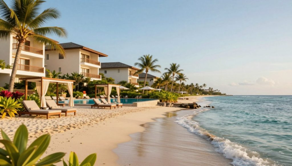 A serene tropical resort scene, featuring a luxurious beachfront with gentle waves lapping at the shore. In the foreground, a beautifully arranged pool area with comfortable lounge chairs and a private cabana, surrounded by vibrant tropical plants. The middle ground includes modern resort buildings with large balconies, showcasing panoramic ocean views, bathed in warm sunlight. In the background, distant palm trees frame a clear blue sky, suggesting an idyllic relaxation atmosphere. Capture the image with a soft focus lens to enhance the dreamy vibe, using golden hour lighting to produce a warm and inviting ambiance. The overall mood is serene and inviting, perfect for illustrating a luxurious vacation experience. A serene tropical resort scene, featuring a luxurious beachfront with gentle waves lapping at the shore. In the foreground, a beautifully arranged pool area with comfortable lounge chairs and a private cabana, surrounded by vibrant tropical plants. The middle ground includes modern resort buildings with large balconies, showcasing panoramic ocean views, bathed in warm sunlight. In the background, distant palm trees frame a clear blue sky, suggesting an idyllic relaxation atmosphere. Capture the image with a soft focus lens to enhance the dreamy vibe, using golden hour lighting to produce a warm and inviting ambiance. The overall mood is serene and inviting, perfect for illustrating a luxurious vacation experience.