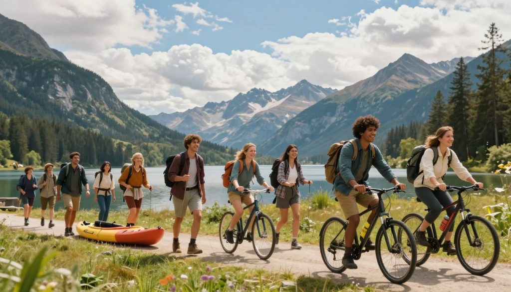 A vibrant, inspiring scene depicting diverse adventure travel ideas in a picturesque landscape. In the foreground, a group of diverse travelers, dressed in comfortable outdoor attire, joyfully engaging in activities such as hiking, kayaking, and cycling. The middle ground features breathtaking natural wonders: majestic mountains, a serene lake, and lush forests. In the background, a bright blue sky dotted with fluffy clouds enhances the sense of exploration. Soft, warm lighting illuminates the scene, creating an inviting atmosphere that encourages adventure. The composition should evoke feelings of excitement and wanderlust, capturing the essence of diverse vacation experiences for every type of traveler.