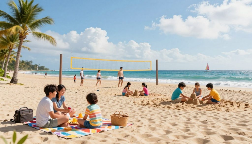 A vibrant summer vacation scene illustrating multiple popular destinations and activities. In the foreground, a cheerful family enjoys a picnic on a sunny beach, with a colorful blanket and a backdrop of sand and gentle waves. In the middle ground, various groups participate in activities such as beach volleyball and children building sandcastles, all under bright blue skies filled with fluffy clouds. In the background, palm trees sway gently, and distant sailboats glide across the ocean. The atmosphere is warm and inviting, exuding a sense of joy and relaxation. Use soft, natural lighting to enhance the cheerful mood, with a wide-angle lens perspective to capture the beauty of the landscape and the fun activities taking place.