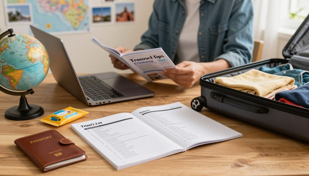 A well-organized travel preparation scene that captures the essence of smart travel tips for US travelers. In the foreground, a neatly arranged travel checklist on a wooden table, complete with a stylish leather passport holder, a travel-sized toiletry kit, and a globe. In the middle ground, a person dressed in casual but professional attire, studying a travel guide, with a laptop open showing booking confirmations. The background features a softly-lit room with maps pinned to the wall, travel photos, and a suitcase partially open with neatly folded clothes. The warm, inviting lighting creates a motivational atmosphere, emphasizing preparedness and excitement for travel adventures. The angle is slightly elevated, giving a comprehensive view of the preparation process without any text or overlays.